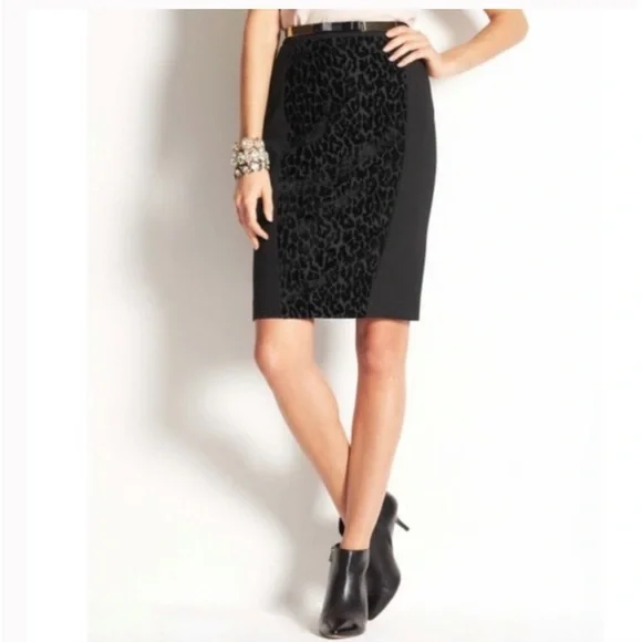 Ann Taylor Black Leopard Print Velvet Pencil Skirt - Picture 2 of 7